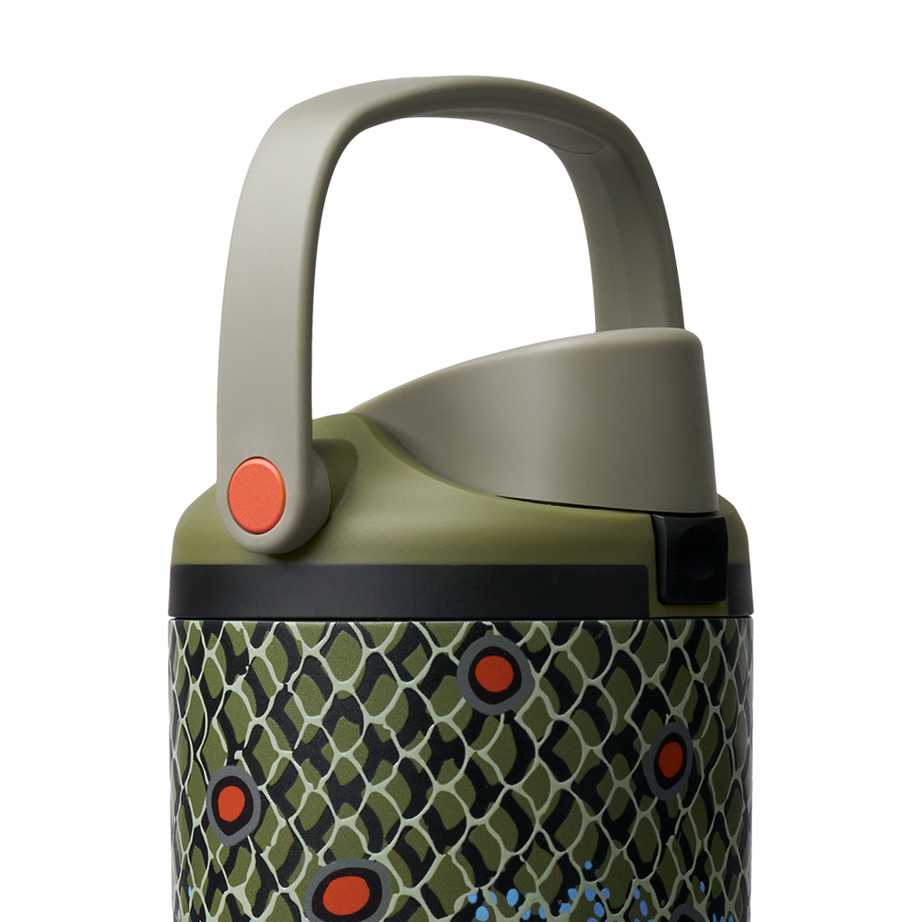 Owala FreeSip Sway 40oz in Off the Hook, olive carry loop raised above olive flip cap over fish-scale patterned body